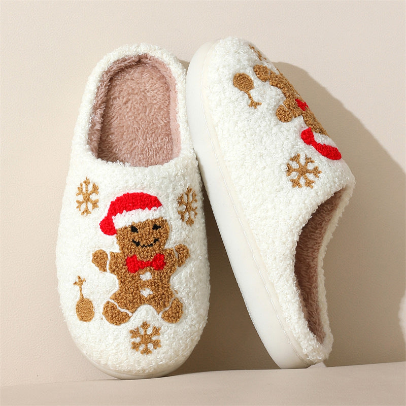 Pantuflas de jengibre con copos de nieve navideños para mujer, pantuflas de invierno antideslizantes para interiores, para dormitorio, pantuflas de casa peludas