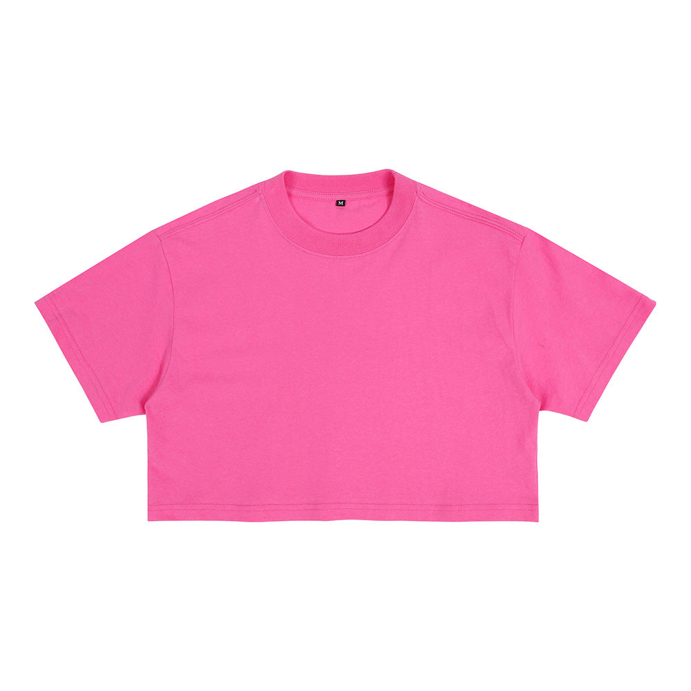 Bright pink loose crop T-shirt with short sleeves and crew round neckline