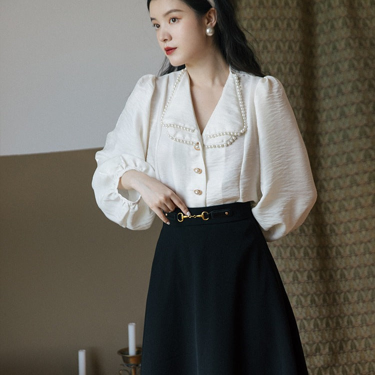 Fashion Pearl Collar Top Retro Skirt Two-piece Suit - WOMONA.COM