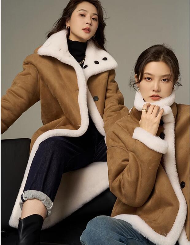 Short winter thickened velvet coat in brown with white plush collar and button front