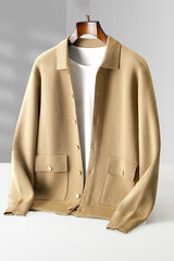 Men's Polo Collar Solid Color Wool Cardigan - WOMONA.COM