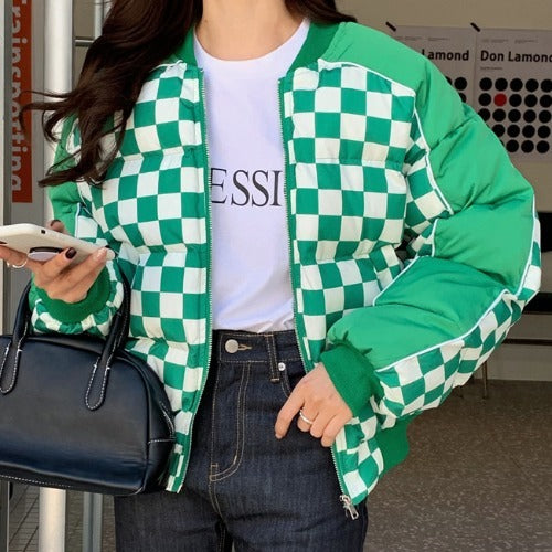 Color Checkerboard Casual Padded Jacket - WOMONA.COM