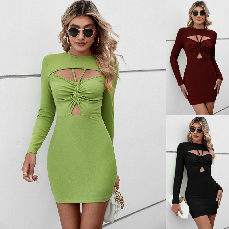 Halter Hollow Bag Short Long Sleeve Dress - WOMONA.COM