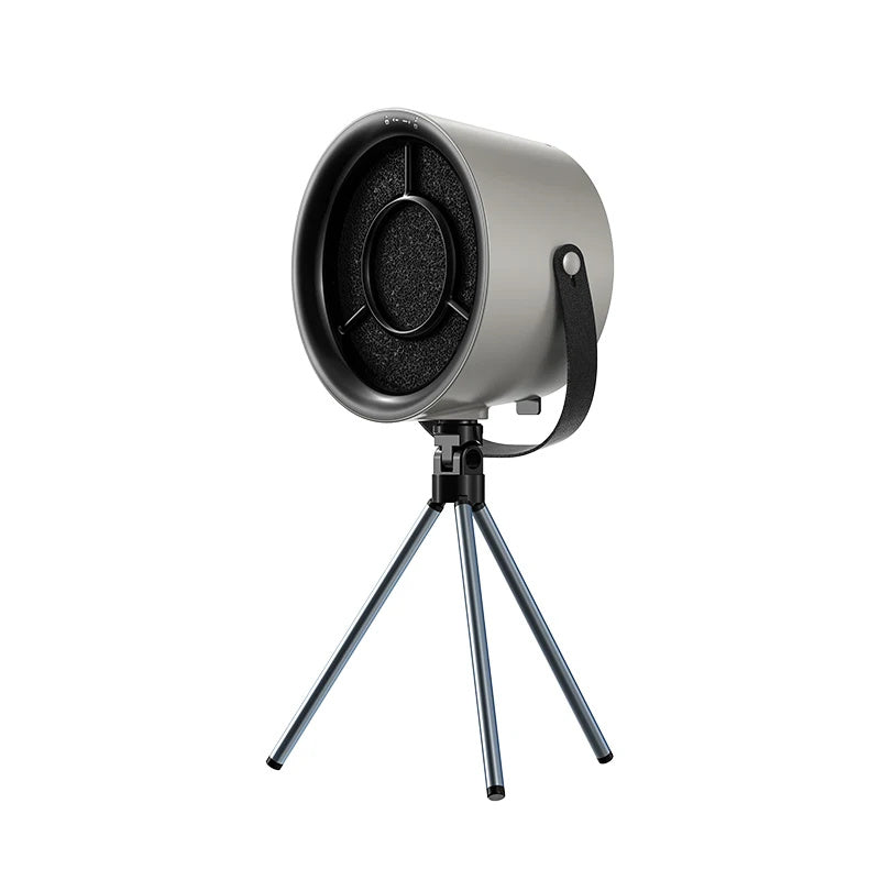 Compact kitchen exhaust fan with black circular intake on three-leg tripod stand