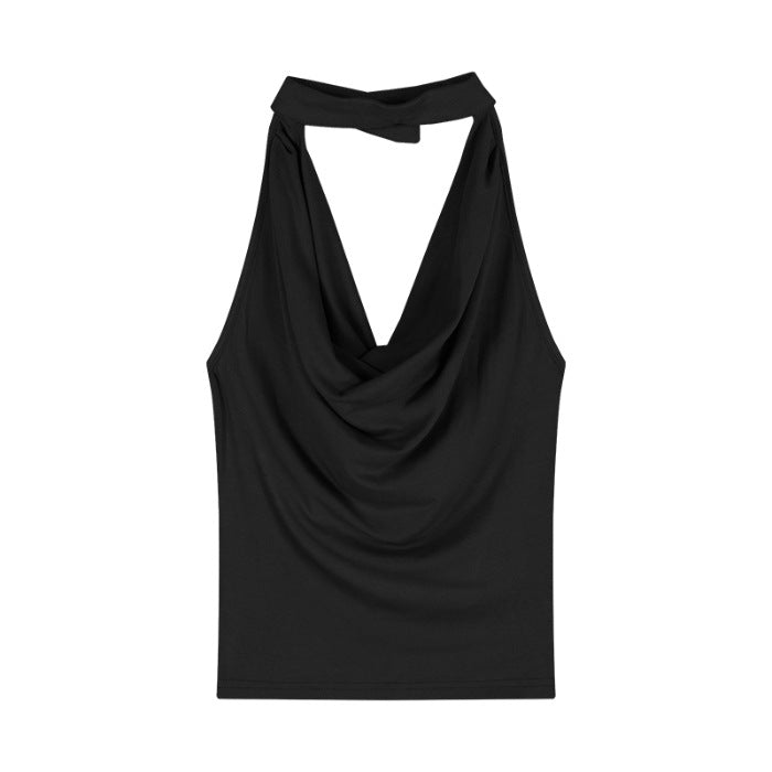 Black halter scoop-neck draped vest with cowl neckline, sleeveless top
