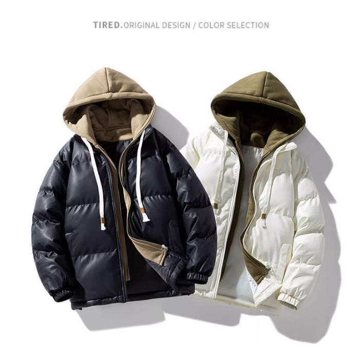 Leather Winter Fake Two-piece Cotton-padded Men's Hooded Korean-style Simple Trendy Thickening Coat