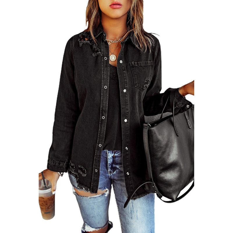 Black Ripped Long Sleeve Denim Jacket Women - WOMONA.COM