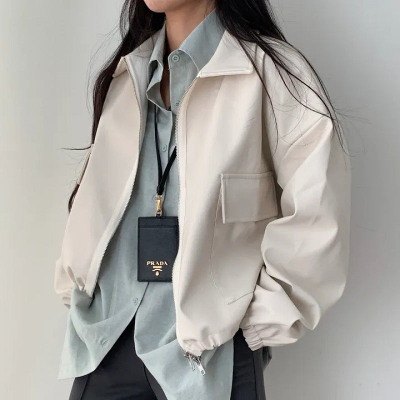 Lapel Double Zipper Pocket Long Sleeve Leather Coat - WOMONA.COM