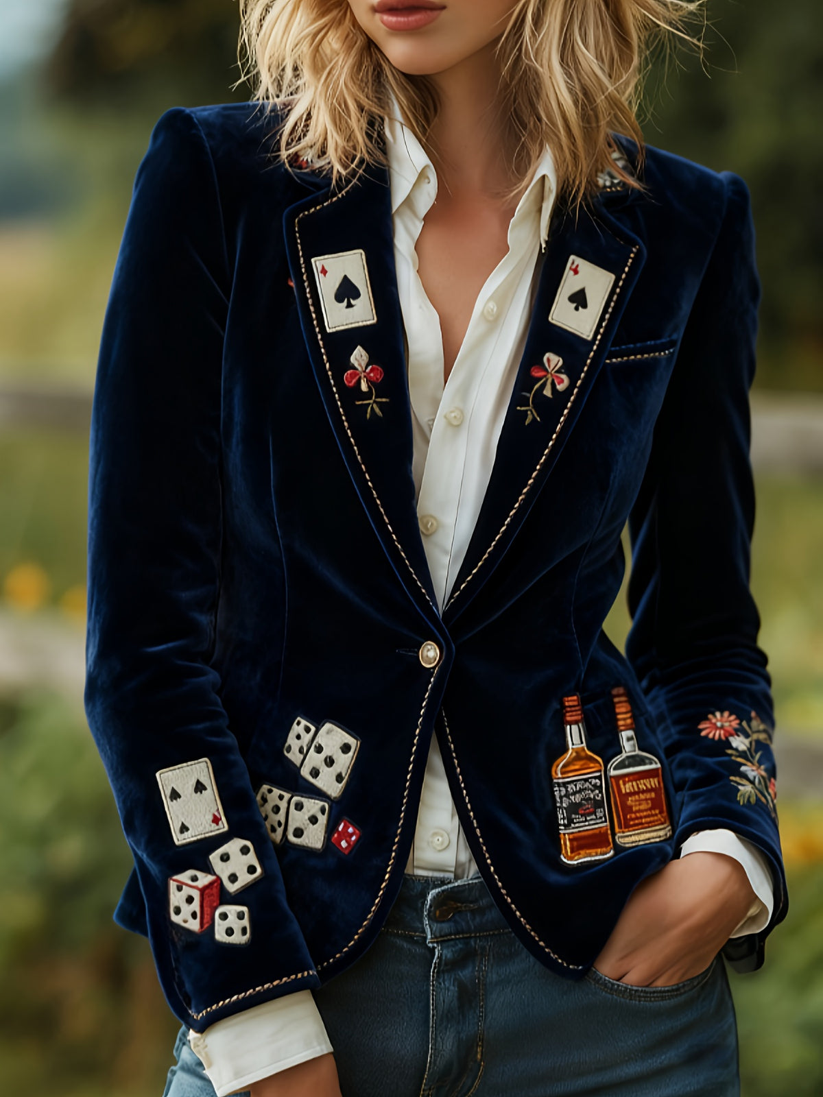 Dark navy stand-collar coat with embroidered playing cards and western bottle