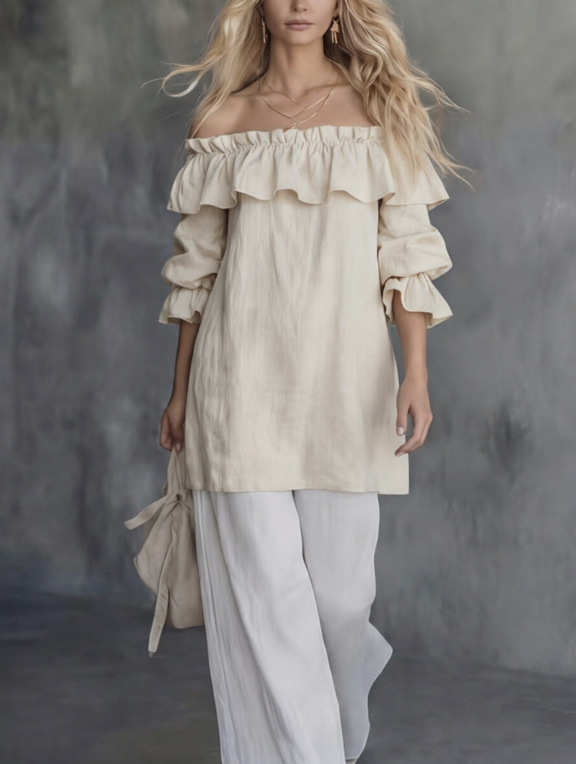 Women’s off-shoulder ruffled top in beige with layered shoulder ruffles