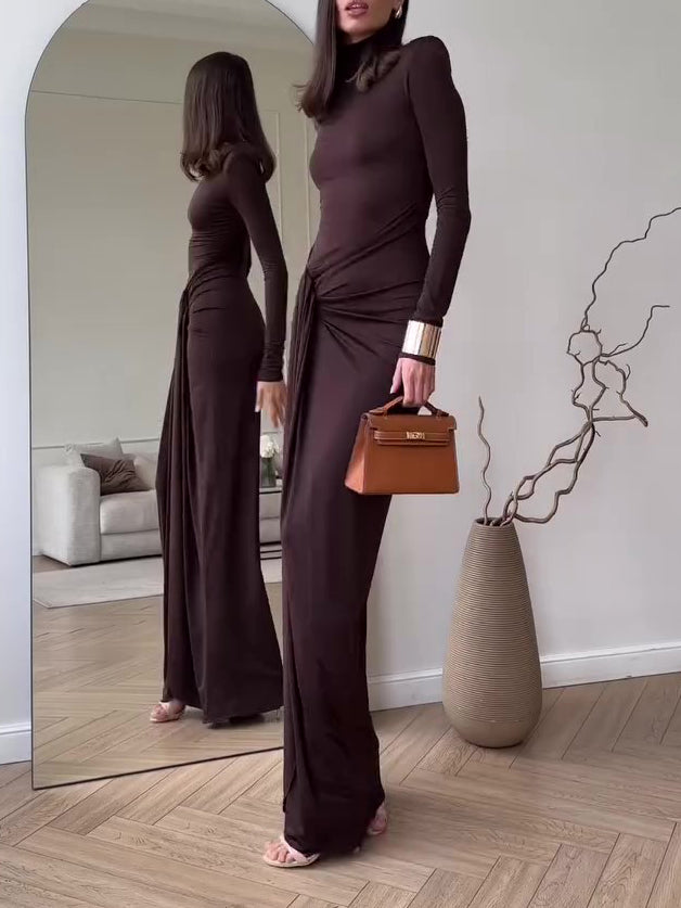 Brown Long-Sleeve Slit Maxi Dress – product image 1