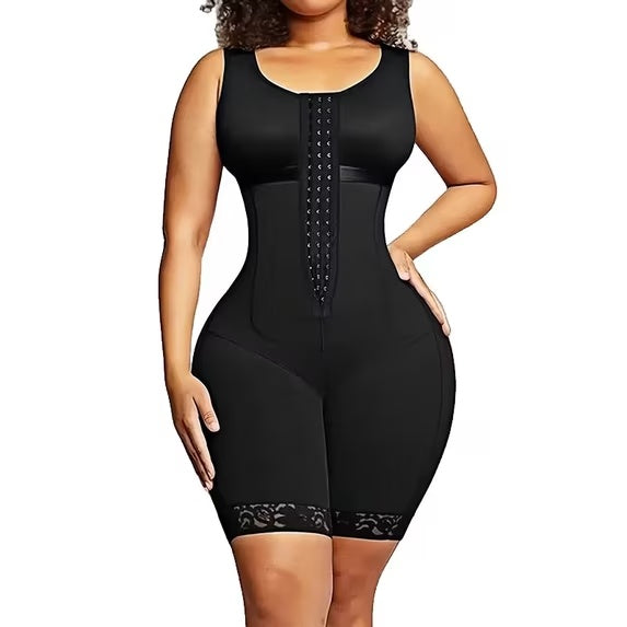 Women’s black sleeveless shapewear bodysuit with front zipper panel and lace-trim hem