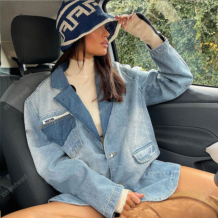 American Retro Blue Super Fire Suit Style Denim Jacket - WOMONA.COM