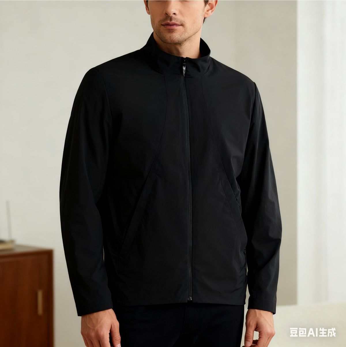 Men's black stand-collar full-zip jacket with long sleeves, front zip