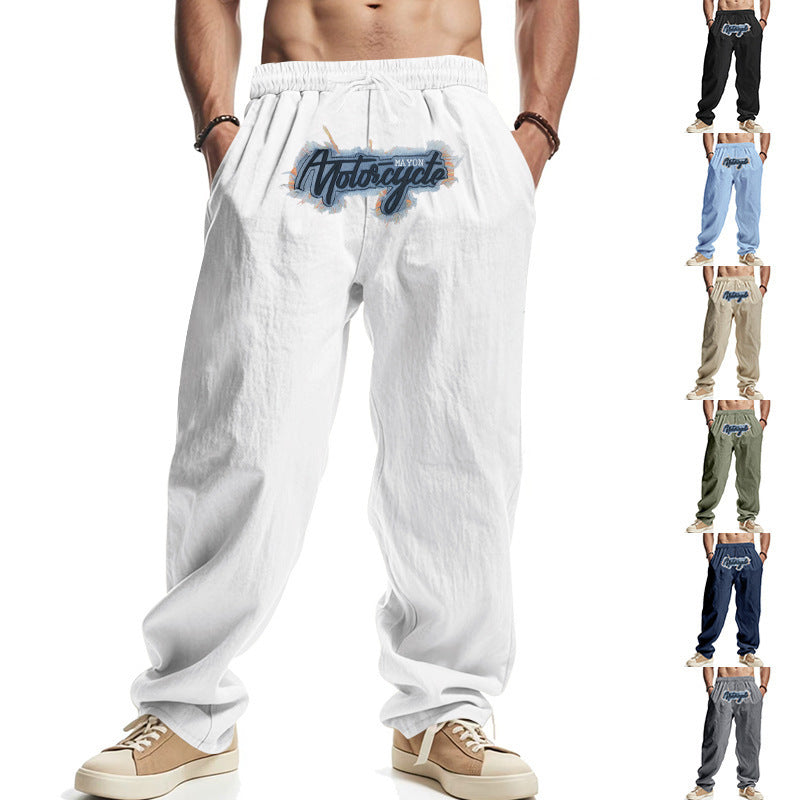 Men's white wide-leg pants with elastic drawstring waist and colorful chest logo