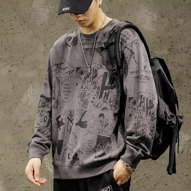 Cartoon Printed Sweater Men's Loose Round Neck