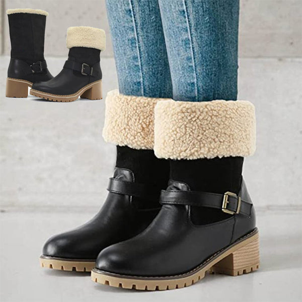 Fashion Boots With Buckle Chunky Heel Shoes Warm Winter - WOMONA.COM