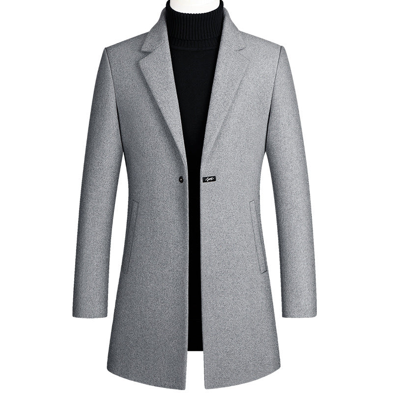 Light gray long woolen trench coat with one-button front and notch lapels