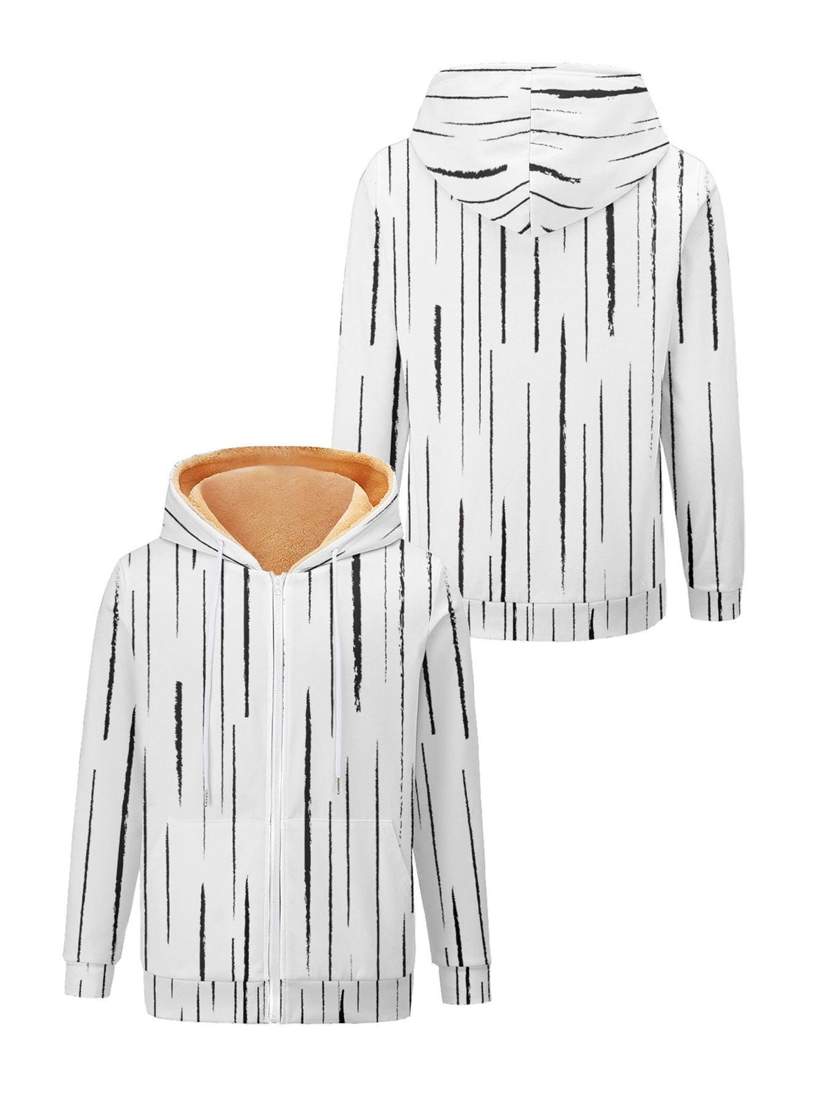 Ladies cotton zip-up hoodie set view, white with black vertical stripe print, tan-lined hood.