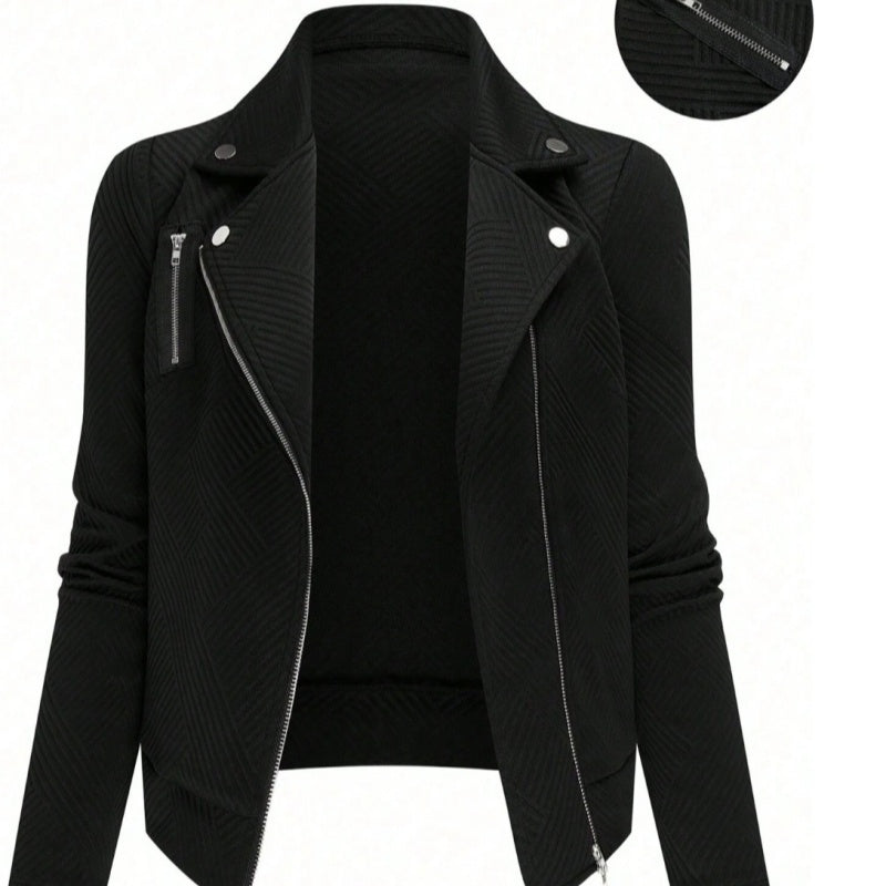 Black slim zip-up jacket with stand collar, asymmetrical zipper, long sleeves