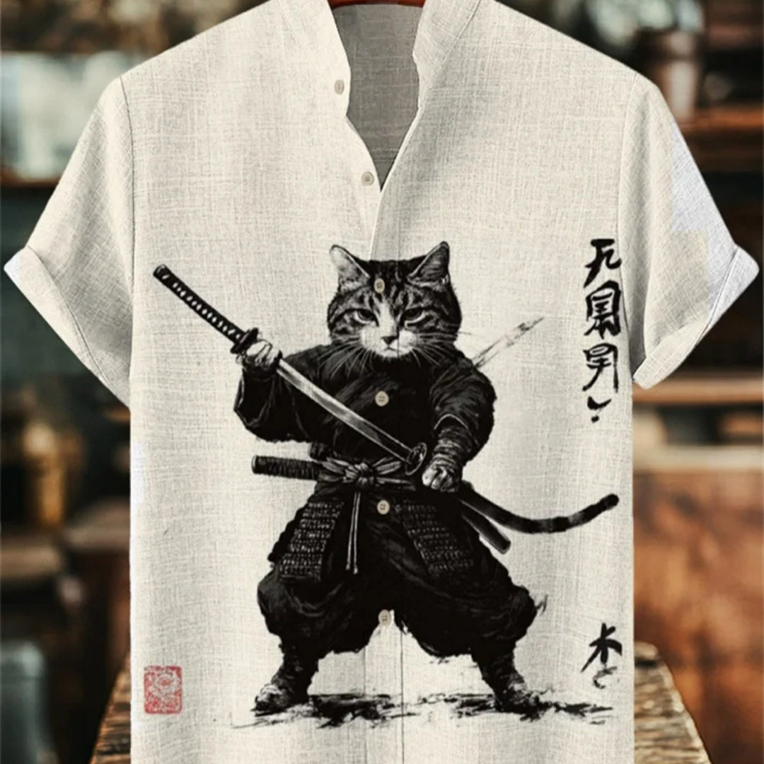 Stand-up collar shirt, white with black cat samurai sword graphic, short-sleeve button front
