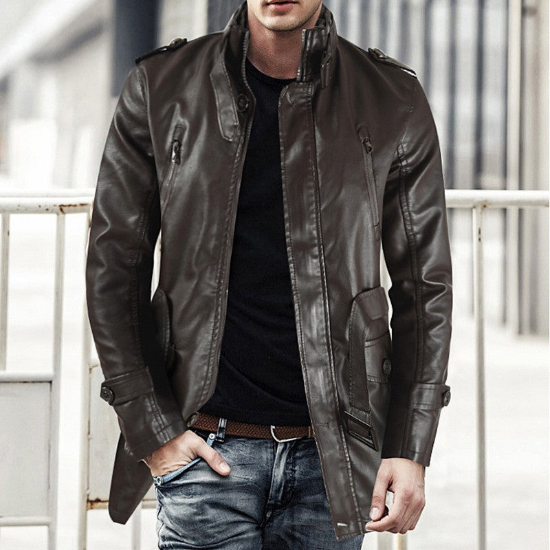 Men's Mid-Length Fleece-Lined Leather Coat