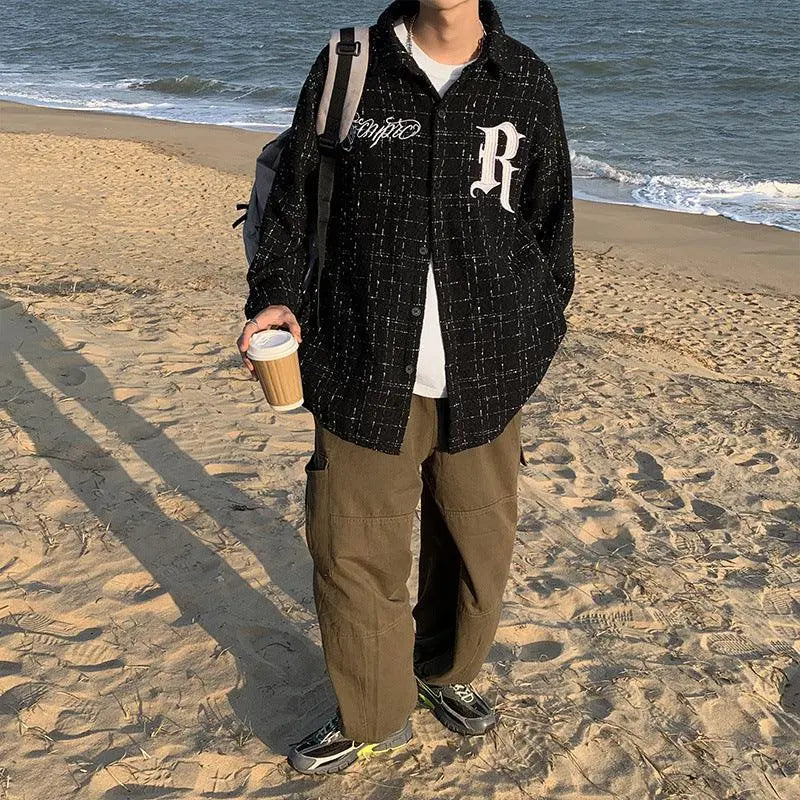 Spring Letter Embroidery Plaid Tide Long Sleeve Shirts - WOMONA.COM