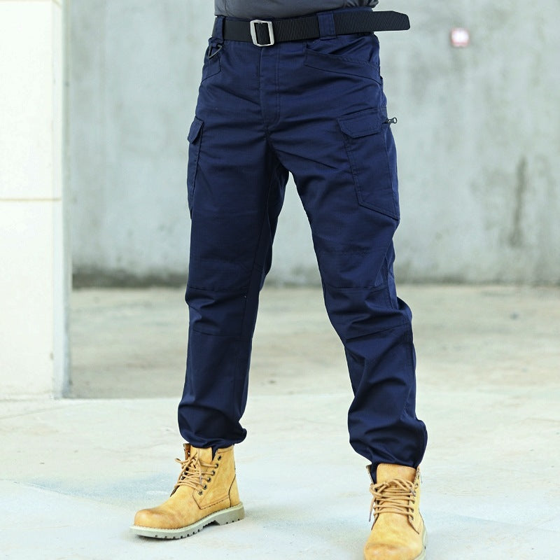 Navy tactical cargo pants with belt loops and thigh utility pockets