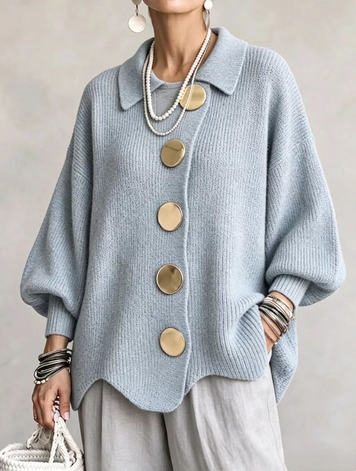 Women's lapel button-detail knit top
