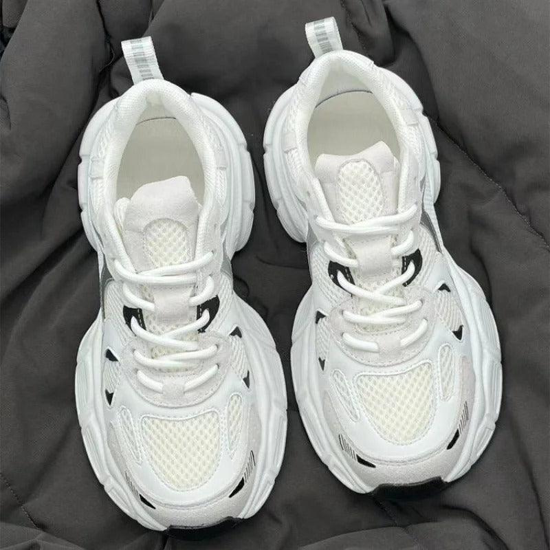 Light beige mesh platform sneakers, back view, white laces and sock-style collar