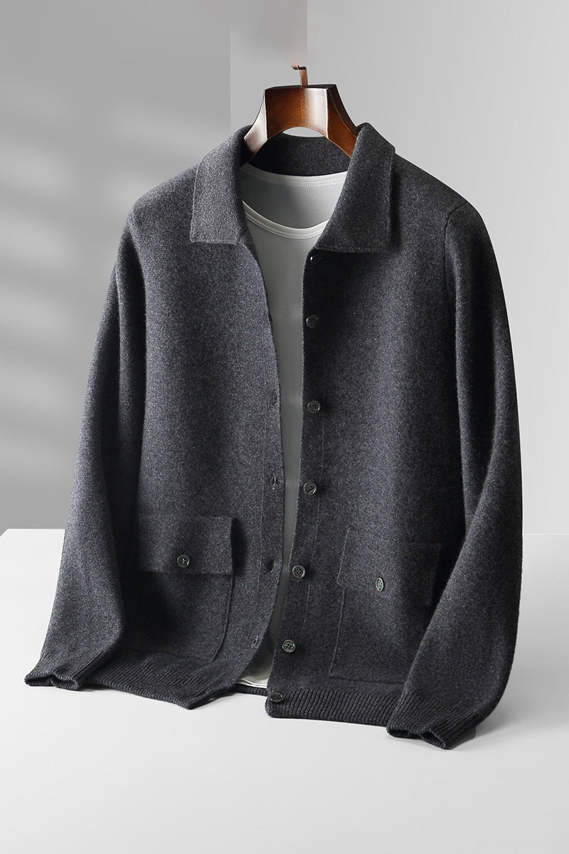 Men's Polo Collar Solid Color Wool Cardigan - WOMONA.COM