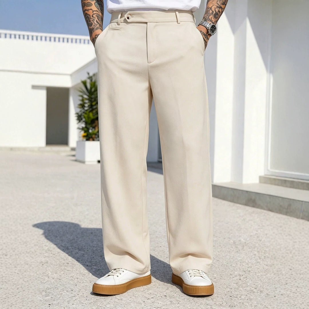Khaki men's high-waisted wide-leg casual pants, belt loops, button closure