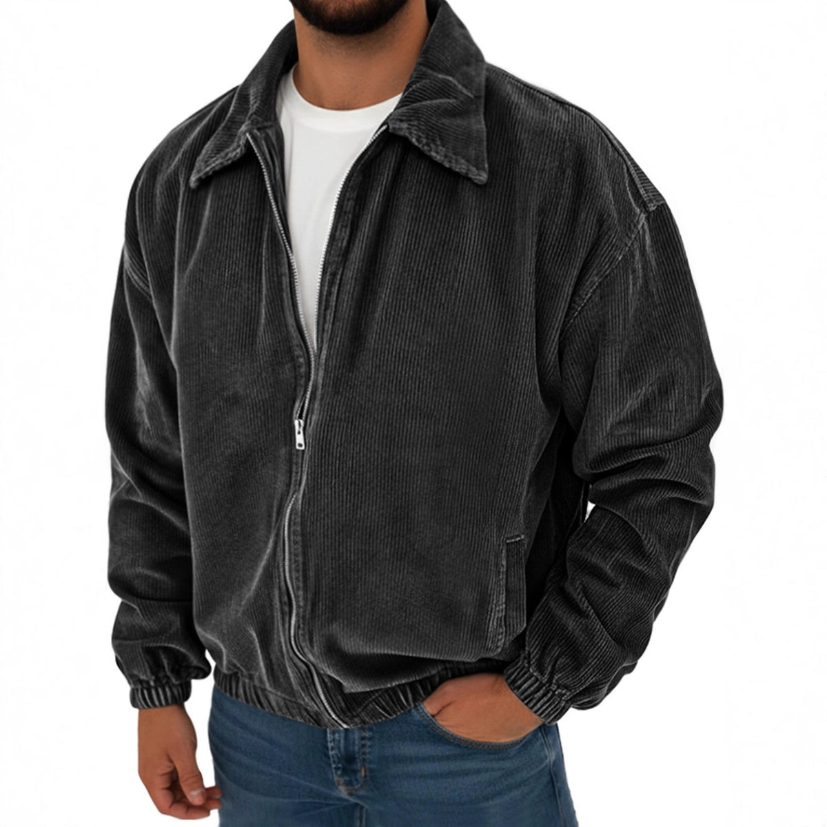 Men's Corduroy Zip-Front Bomber Jacket, Black - product view 6