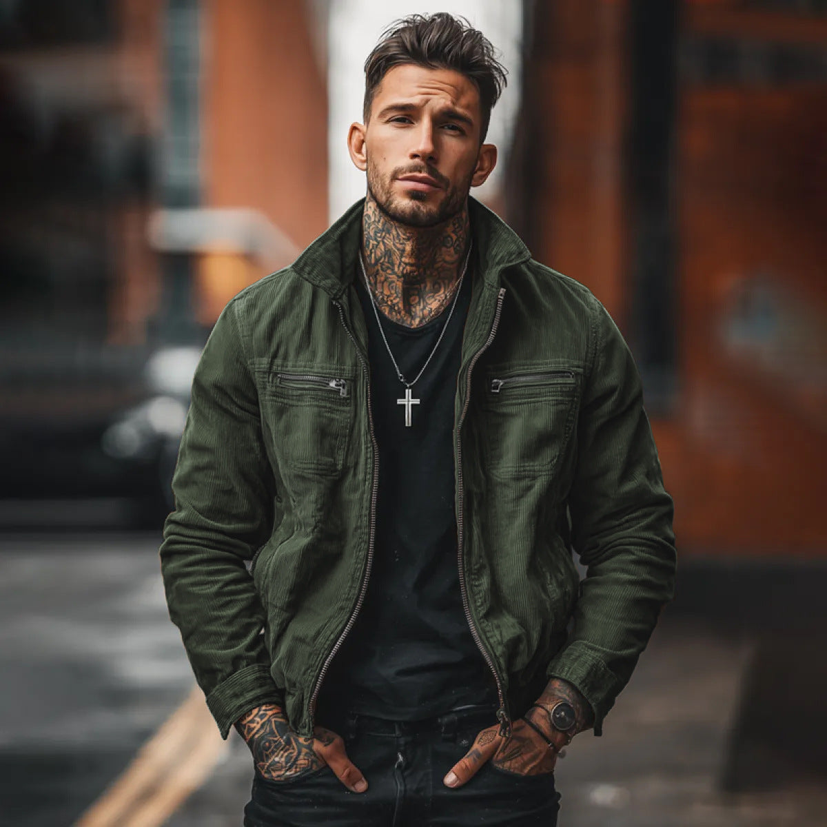 Men's retro canvas jacket, dark green, stand collar, zip chest and side pockets