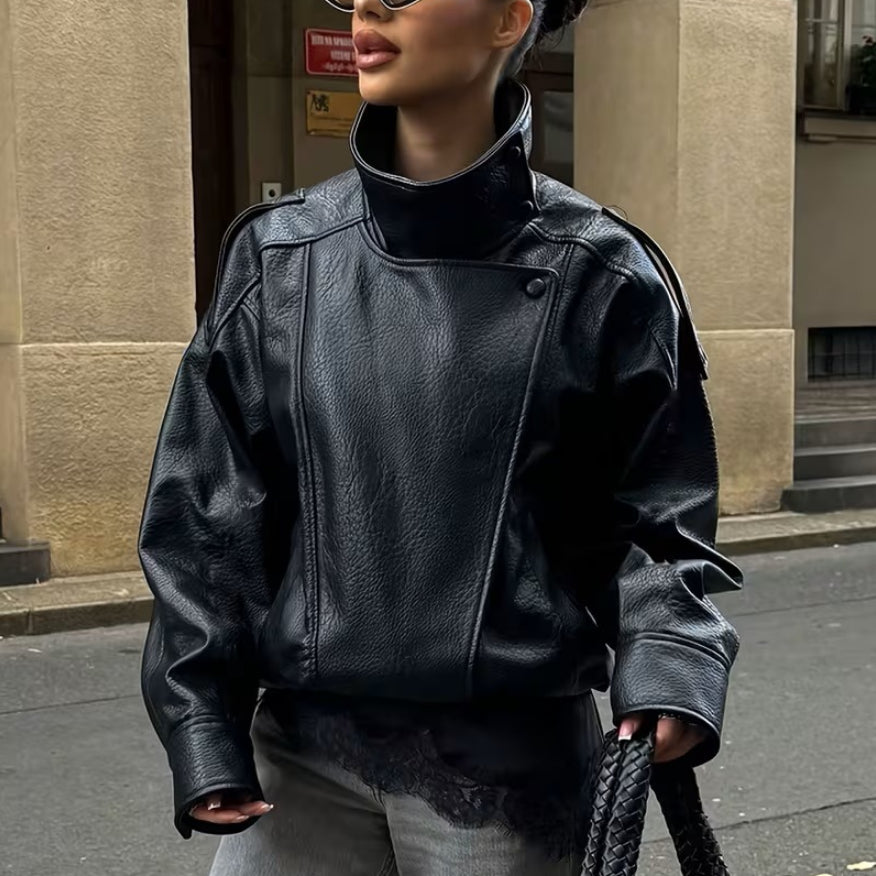 Women's cropped stand-collar faux leather jacket
