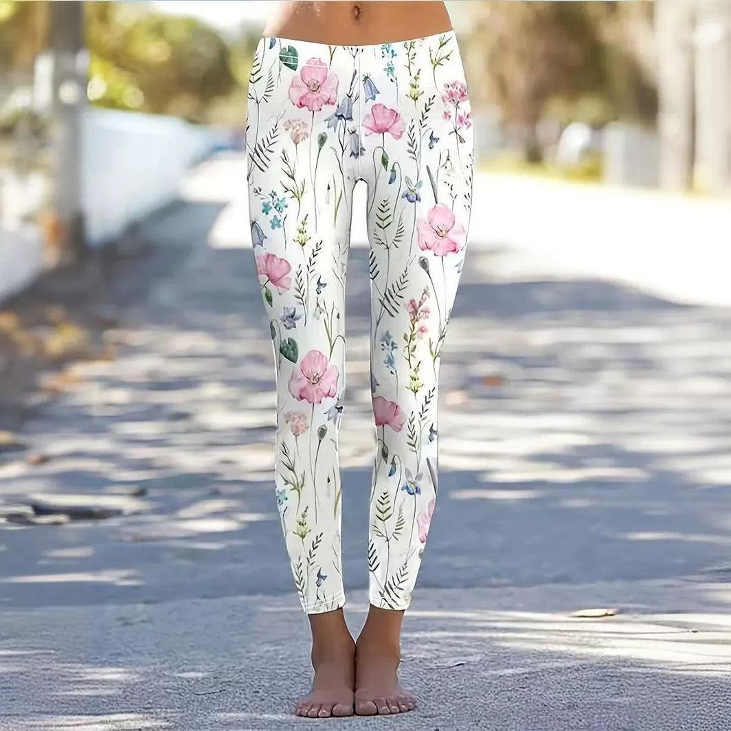 Flower Print Elastic Waist Hip Raise Skinny Casual Leggings - WOMONA.COM