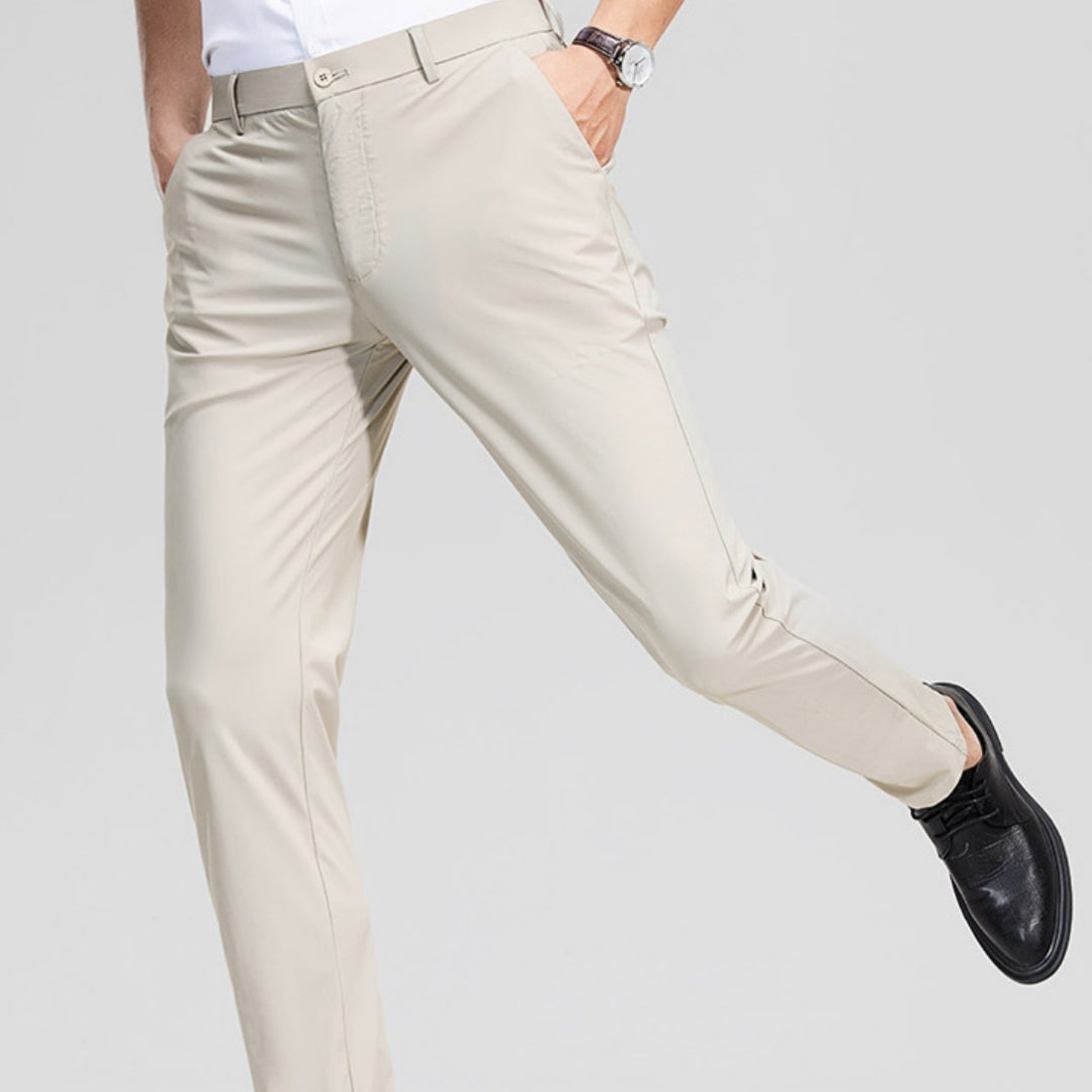 Men's ice-silk leisure pants in light khaki, slim straight fit with button closure