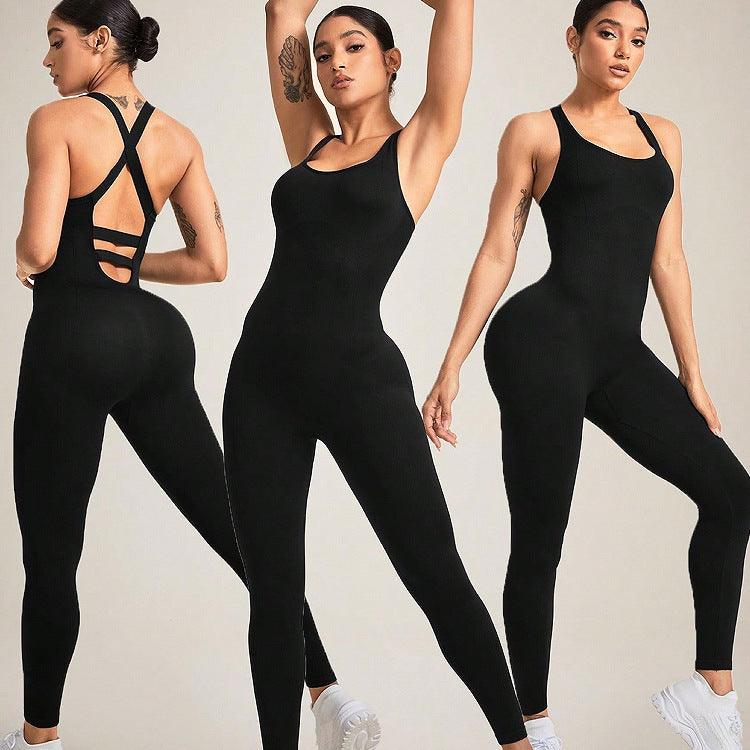 Black sleeveless shapewear one-piece with crisscross open-back straps