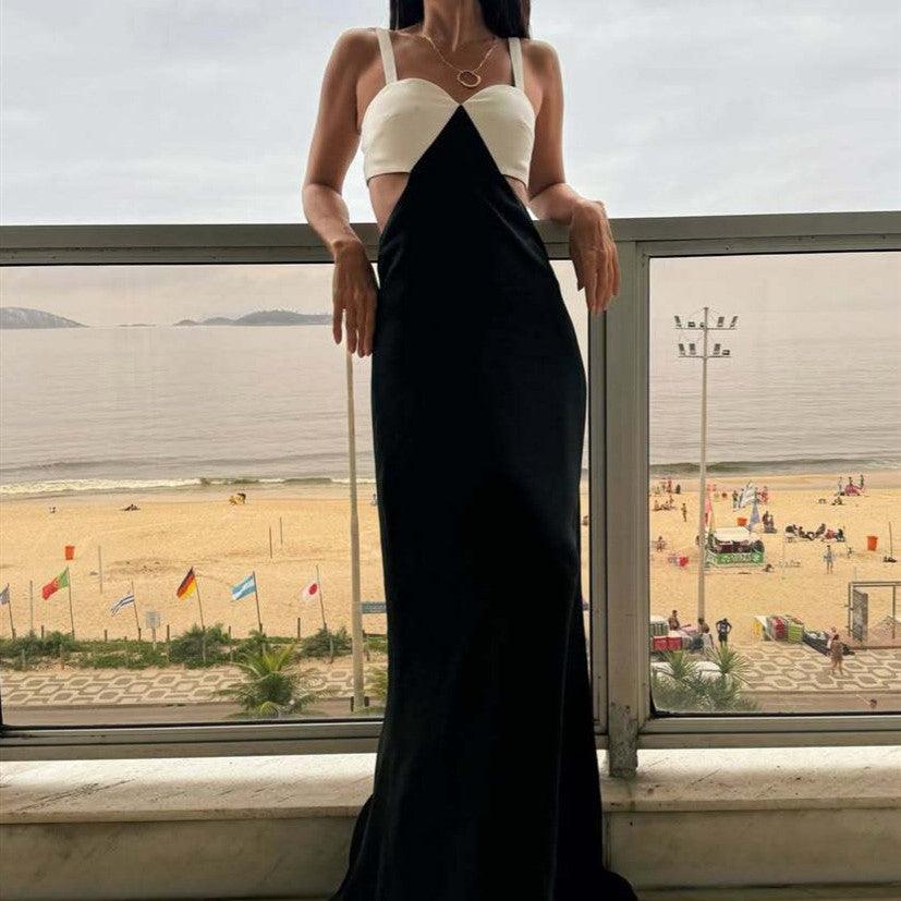 Black maxi suspender dress with cream color-block patchwork and V-shaped bodice