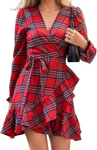Wine red plaid puff-sleeve dress with drawstring bow waist and flared ruffled skirt, front view