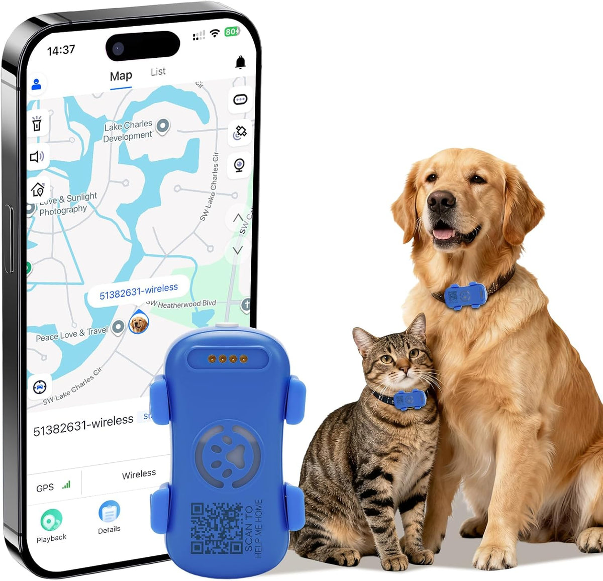 Blue pet GPS tracker on collar with dog and cat beside map phone screen