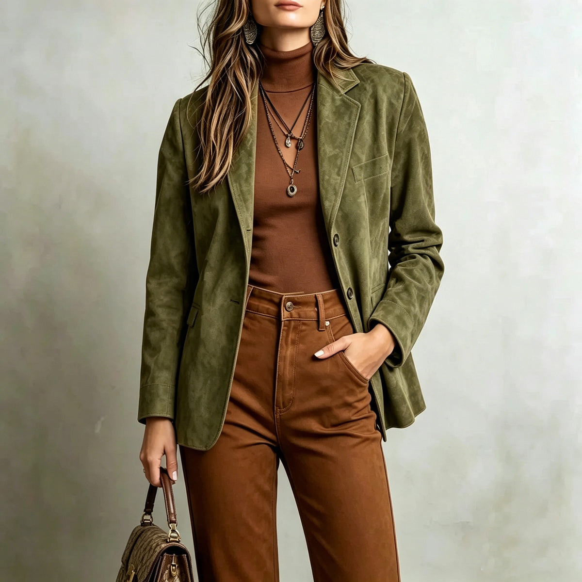 Women's faux suede single-breasted jacket in army green, notch lapel, button front
