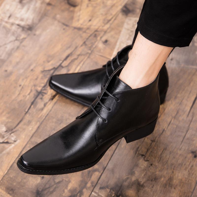 Men's black leather lace-up boots, pointed toe, short stacked heel.