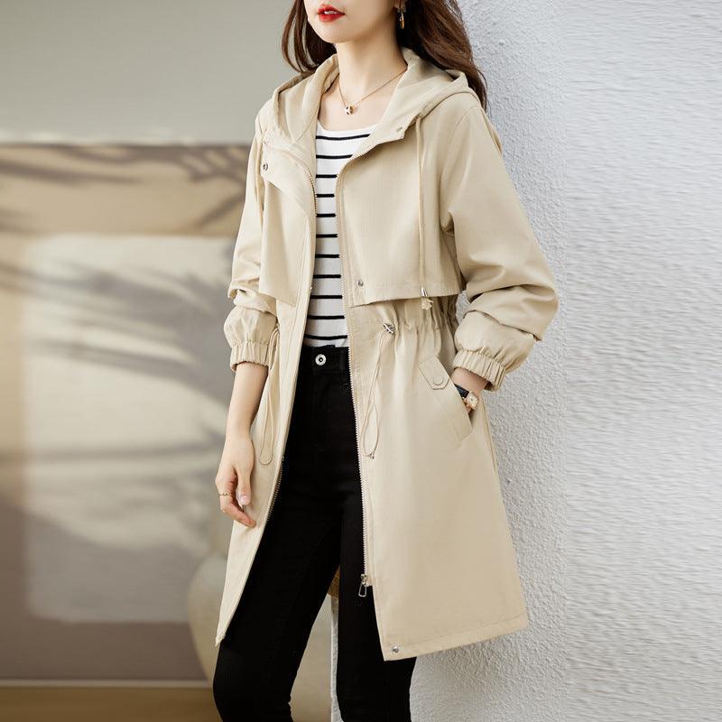 Women’s hooded windbreaker coat in light beige, mid-length, snap-button front, front pockets