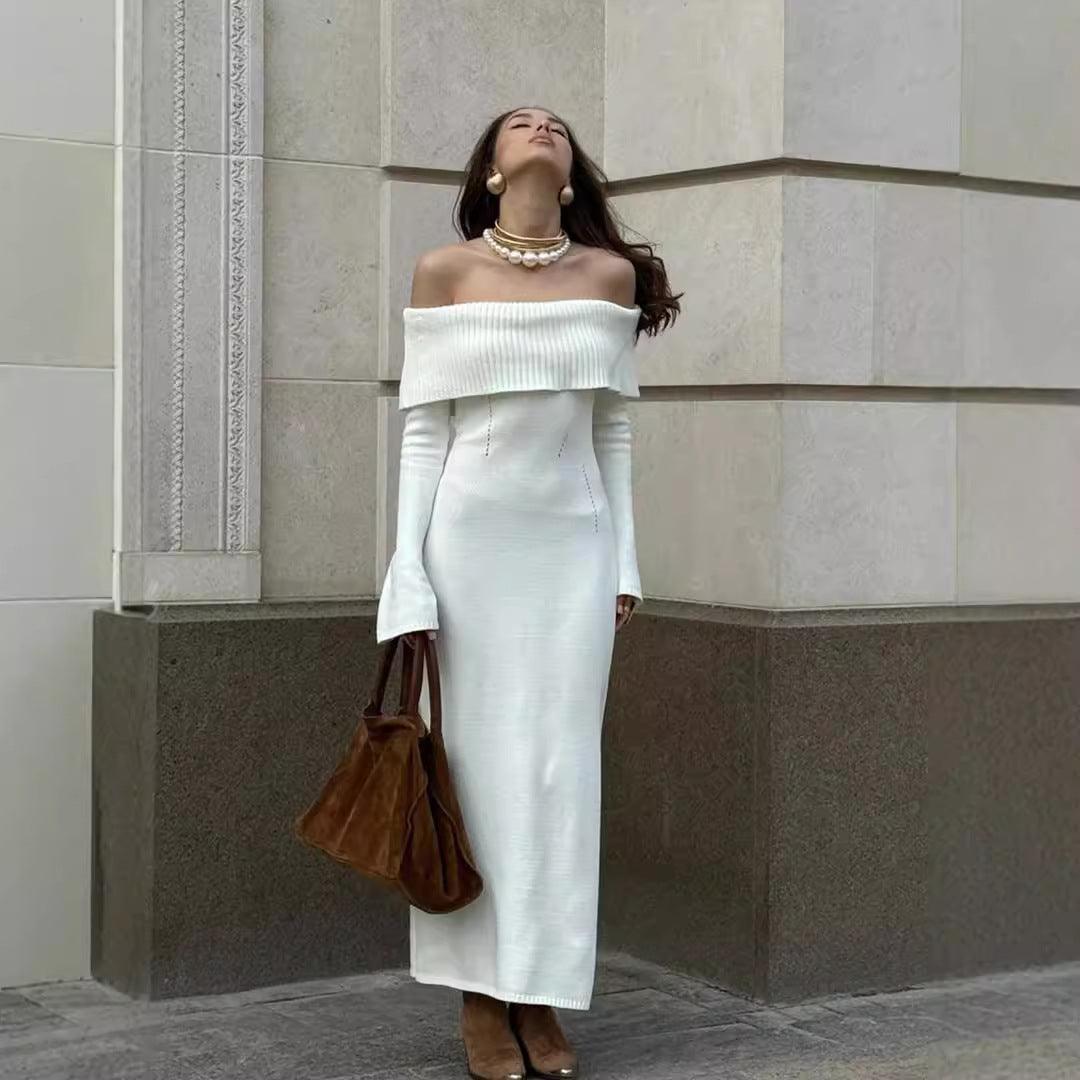 Lapel Off-the-shoulder European And American Knitted Dress - WOMONA.COM