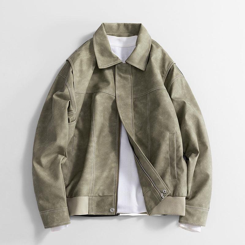 Men's PU leather jacket, olive green, stand collar, asym zipper chest detail