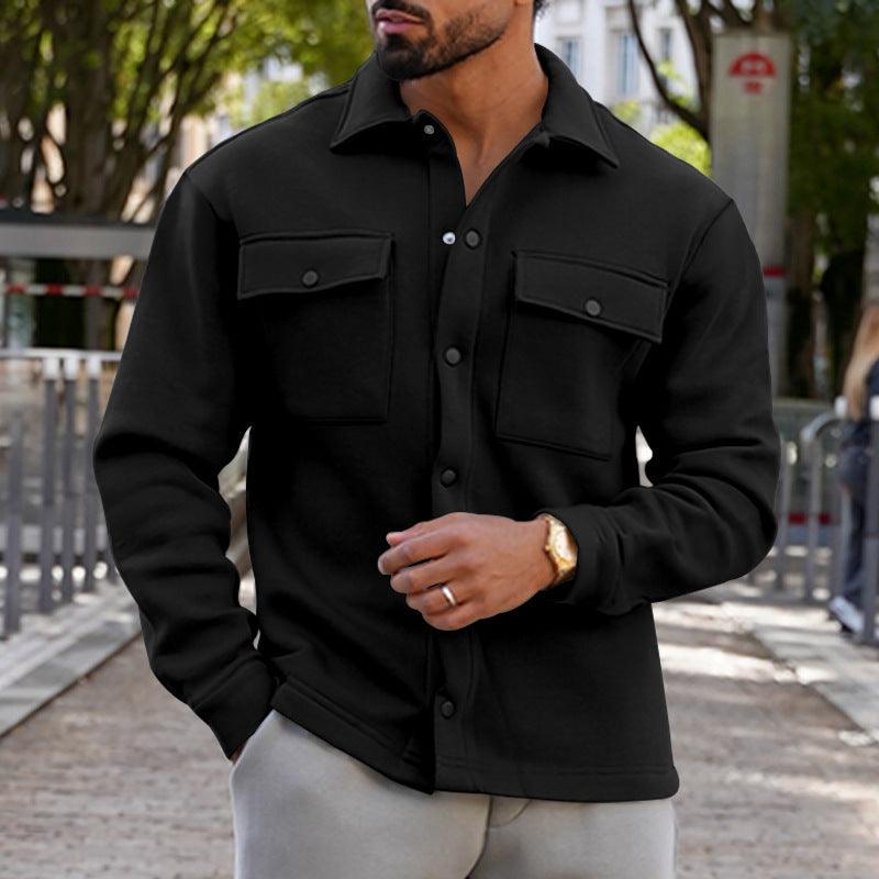 Men's black button-front jacket with lapels and chest flap pockets