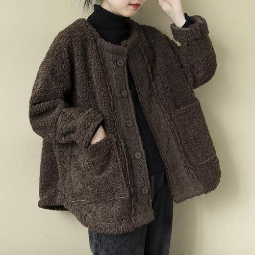 Coffee brown fuzzy warm long-sleeve coat, stand collar, button front, relaxed loose fit