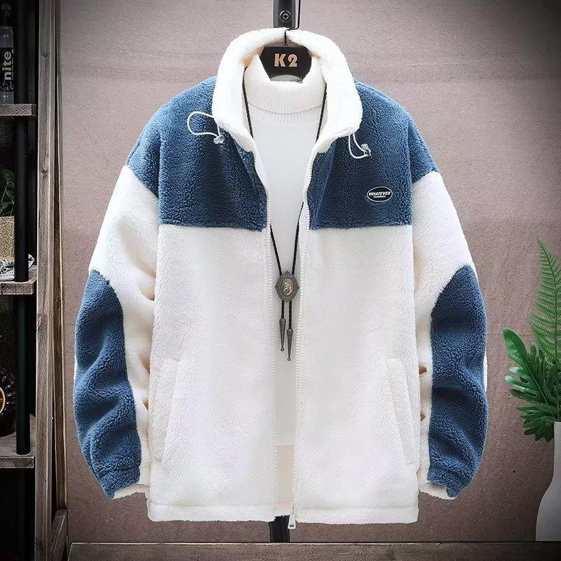 Men’s padded fleece coat, zip-front, blue and white color-block with drawstring hood