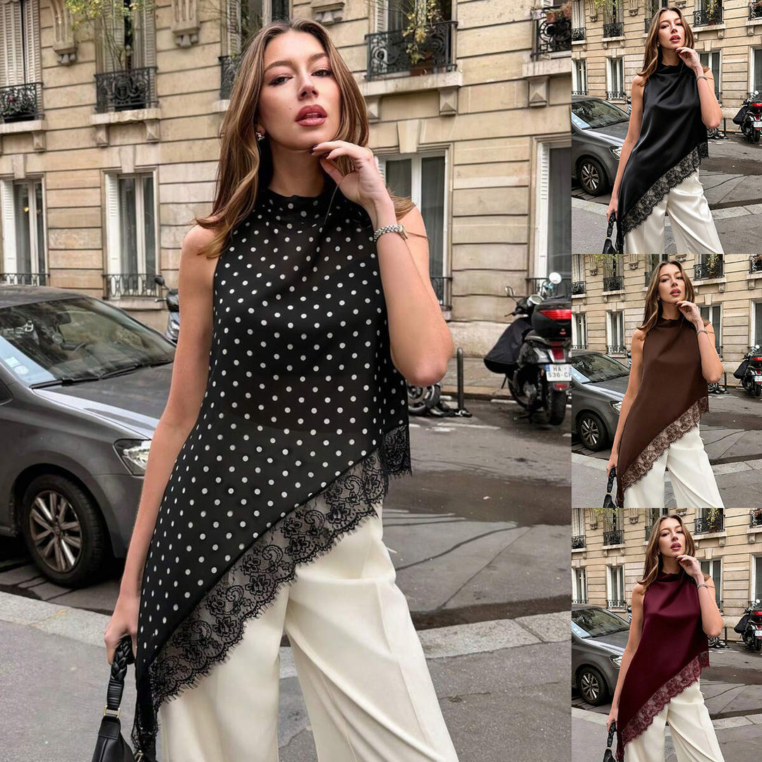 Black sleeveless top with white polka dots and lace-trim diagonal hem